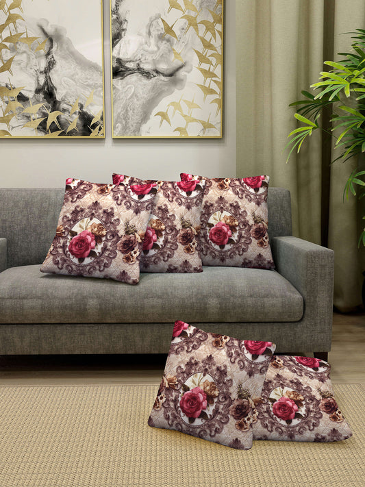 Arrabi Beige Floral TC Cotton Blend Cushion Covers (Pack of 5) (40 x 40 cm)
