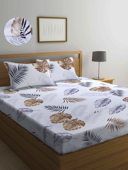 Arrabi White Leaf TC Cotton Blend Double Size Fitted Bedsheet with 2 Pillow Covers (250 X 215 cm)