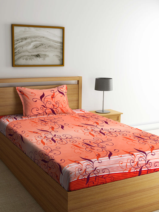 Arrabi Orange Leaf TC Cotton Blend Single Size Bedsheet with 1 Pillow Cover ( 215 X 150 cm)