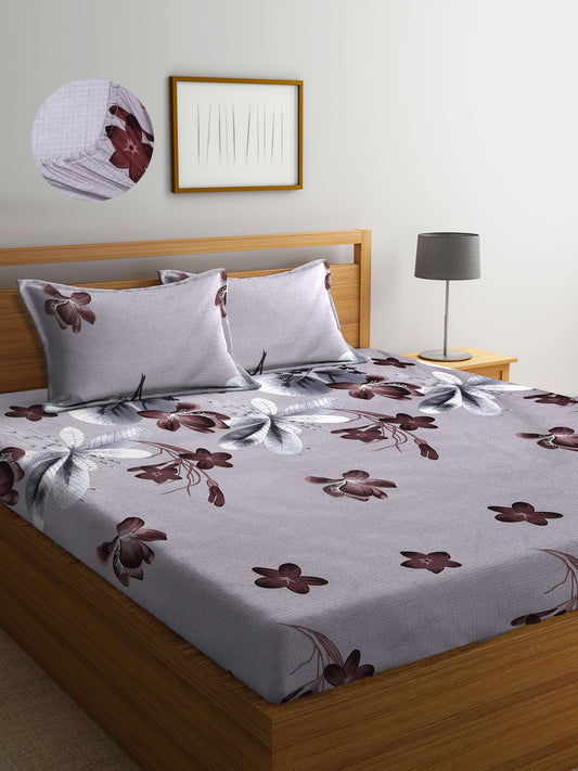 Arrabi Brown Floral TC Cotton Blend King Size Fitted Bedsheet with 2 Pillow Covers (250 X 220 Cm )