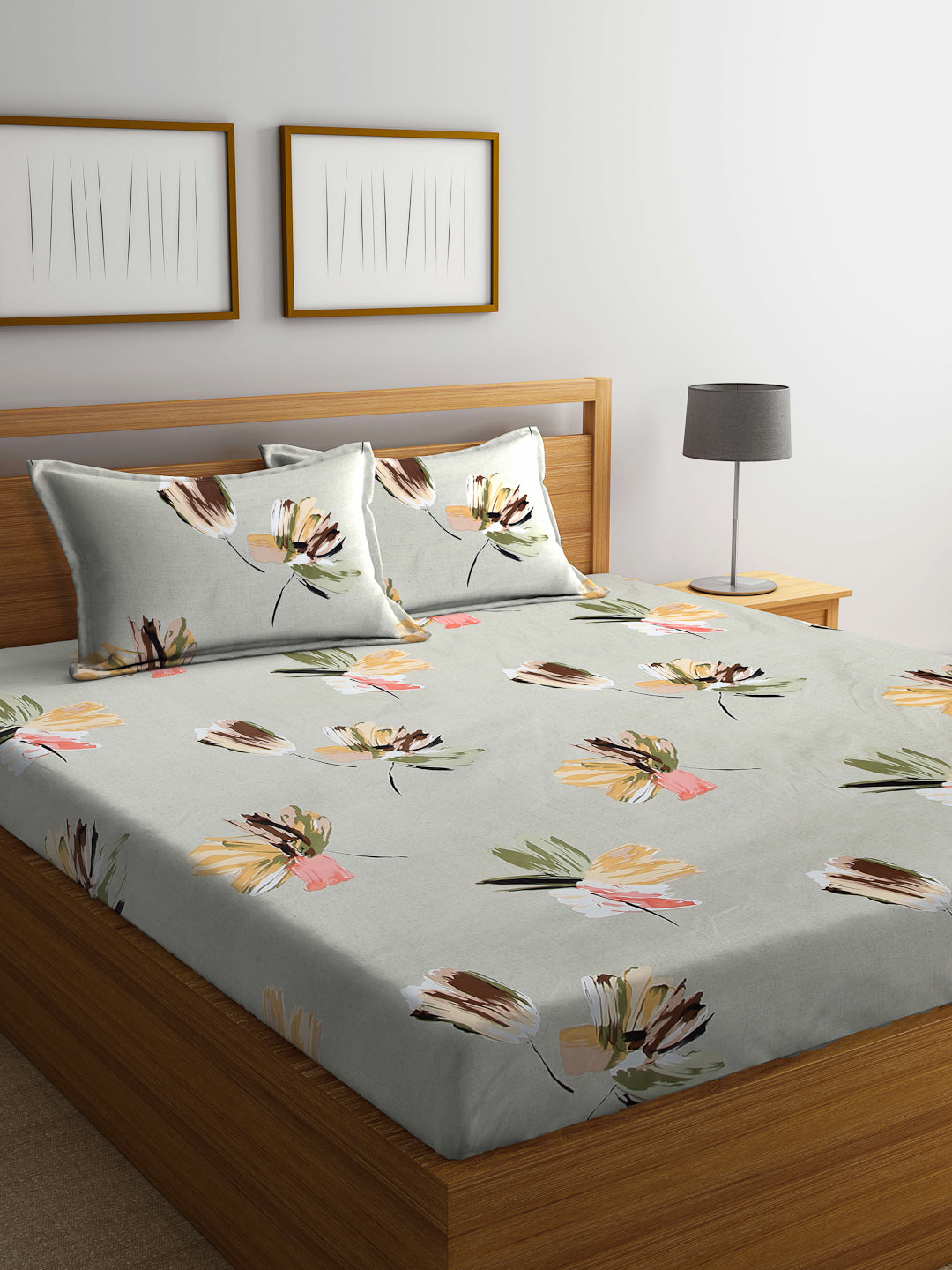 Arrabi Green Floral TC Cotton Blend King Size Bedsheet with 2 Pillow Covers (250 X 220 cm)