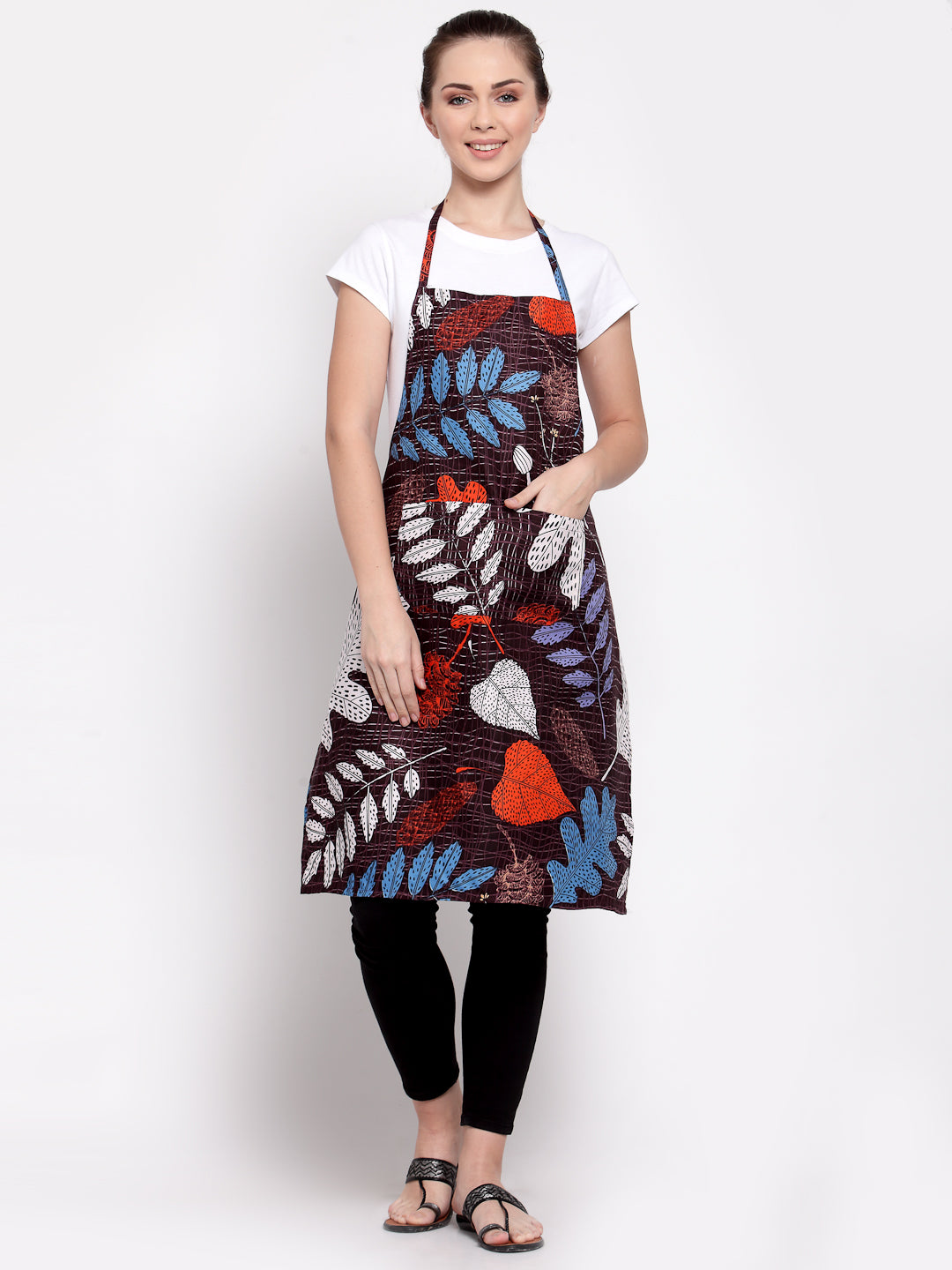 Arrabi Multi Leaf Cotton Blend Apron With 2 Patch Pocket (85 x 70 cm)