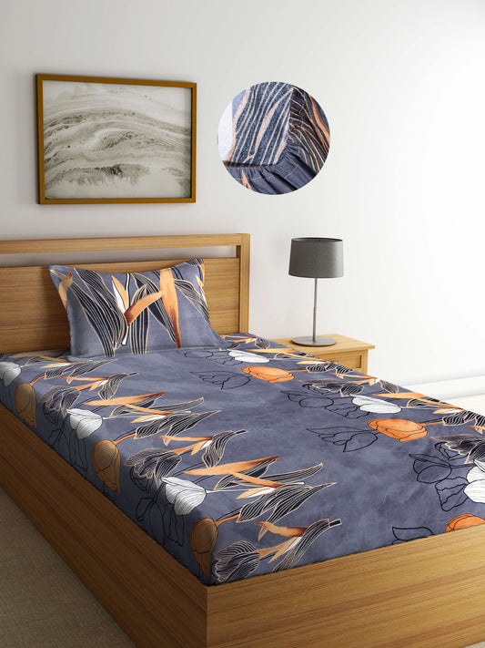 Arrabi Grey Floral TC Cotton Blend Single Size Fitted Bedsheet with 1 Pillow Cover (220 X 150 cm)