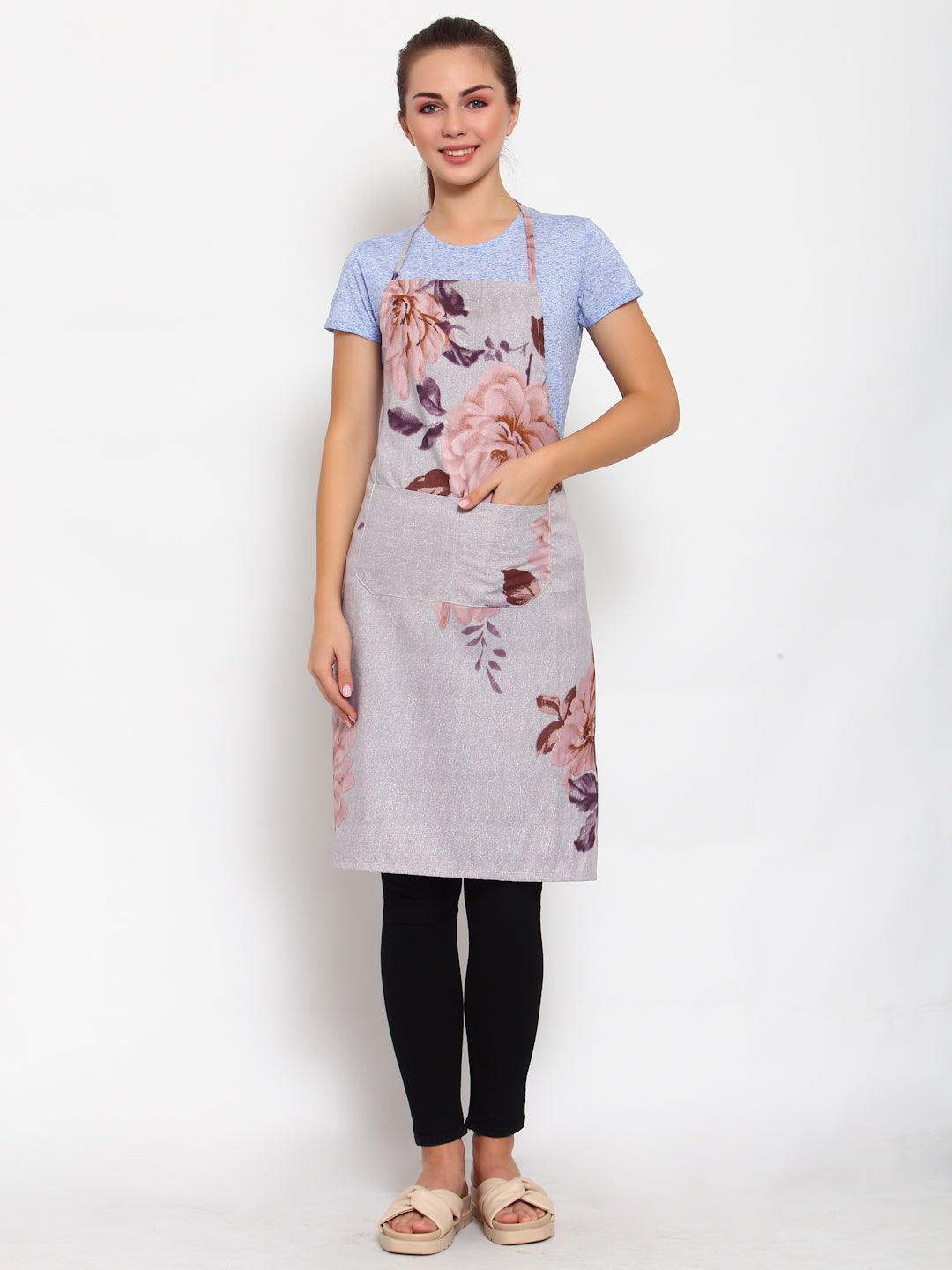 Arrabi Grey Floral Cotton Blend Apron With 2 Patch Pocket (85 x 70 cm)