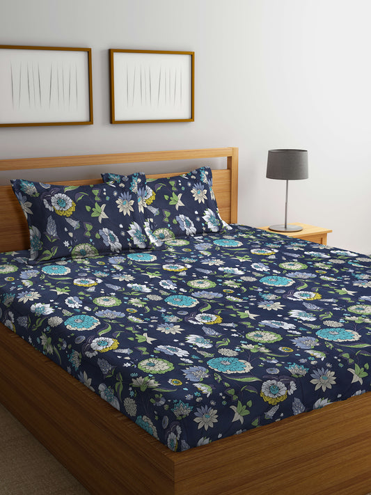 Arrabi Grey Floral TC Cotton Blend Super King Size Bedsheet with 2 Pillow Covers (270 X 260 cm)