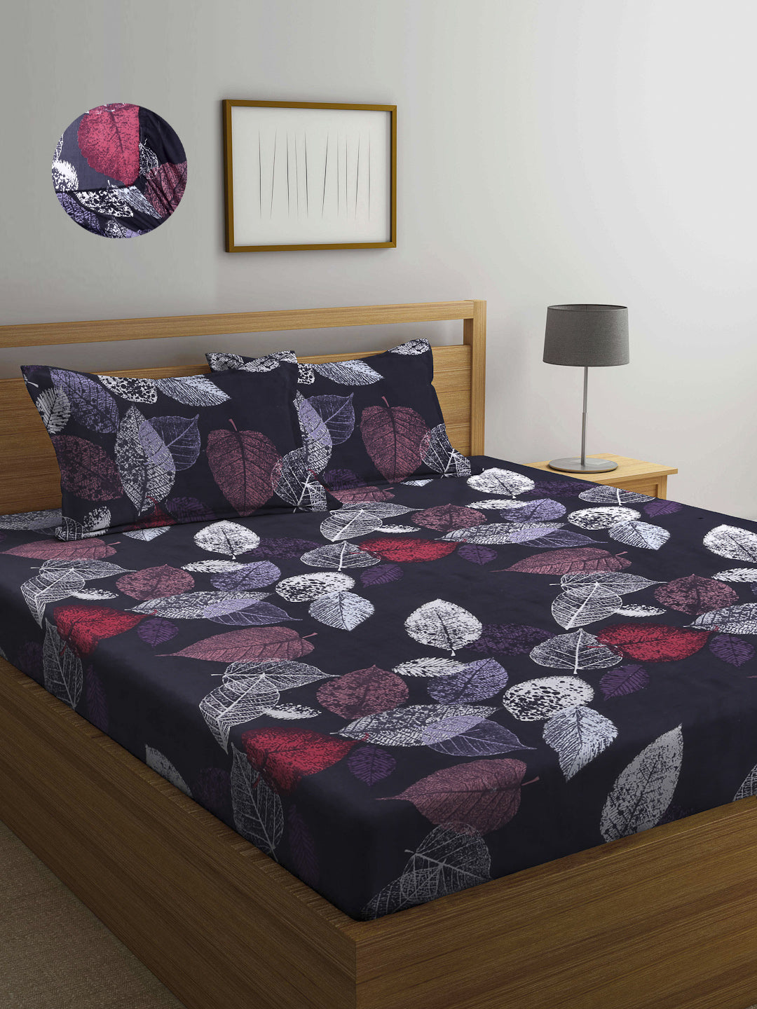 Arrabi Black Leaf TC Cotton Blend Double Size Fitted Bedsheet with 2 Pillow Covers (250 X 220 cm)