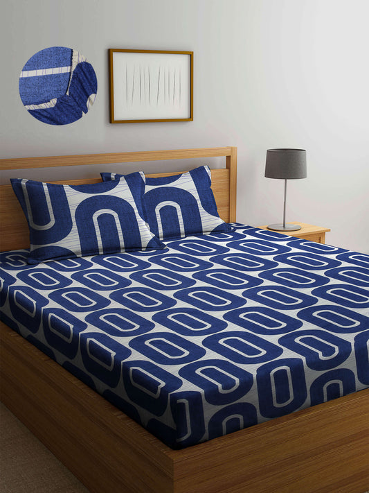 Arrabi Blue Geometric TC Cotton Blend Super King Size Fitted Bedsheet with 2 Pillow Covers(270 X 260 Cm )
