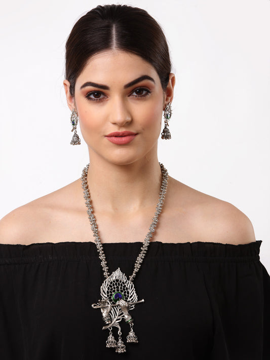 Arrabi  Metallic Oxidised Jewellery Set with 2 Earrings (30 cm)