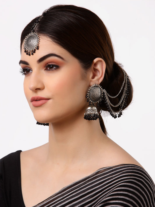 Arrabi Metallic Oxidised Kundan Studded Maang Tika & Earrings Set (17 cm)