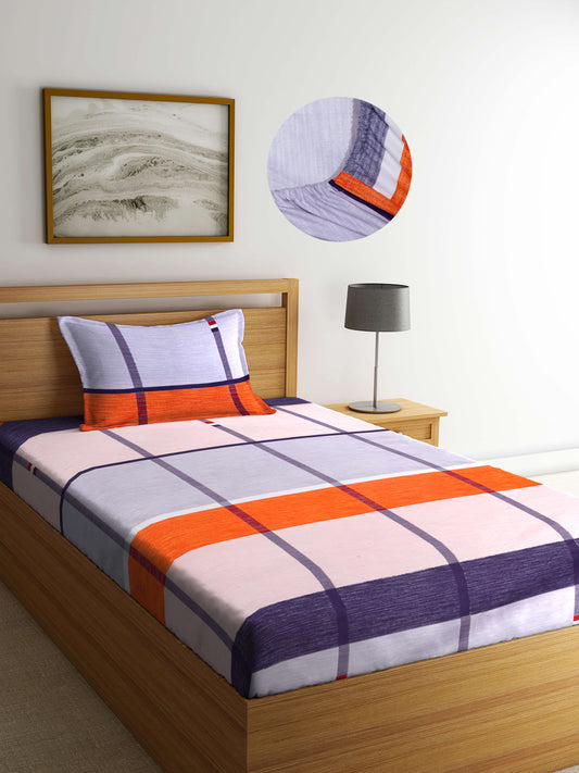 Arrabi Multi Geometric TC Cotton Blend Single Size Fitted Bedsheet with 1 Pillow Cover (220 X 150 cm)