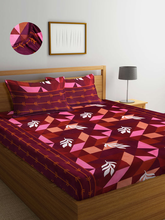 Arrabi Multi Leaf TC Cotton Blend King Size Fitted Bedsheet with 2 Pillow Covers(250 X 215 Cm )