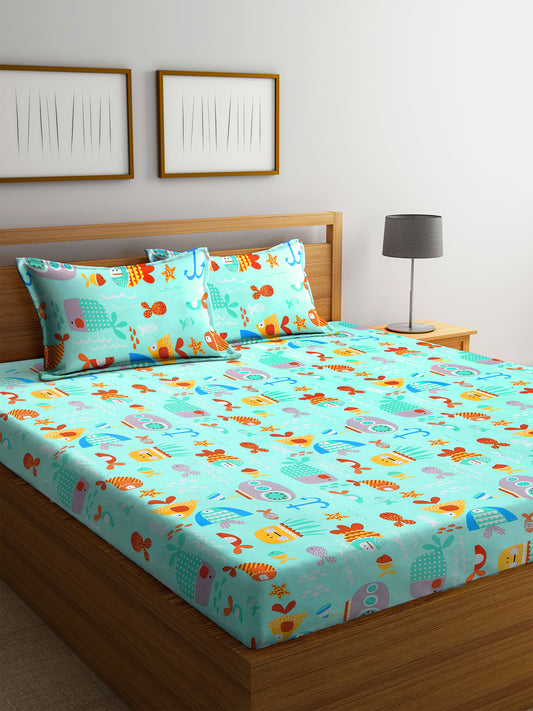 Arrabi Multi Fish Cotton Blend King Bedsheet with 2 Pillow Cover (250 x 220 cm)