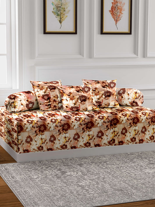 Arrabi Brown Set of 6 Floral Handwoven Chenille Diwan Set (225 x150 cm)