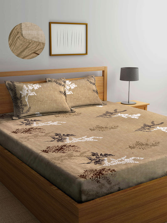Arrabi Brown Floral TC Cotton Blend King Size Fitted Bedsheet with 2 Pillow Covers (250 X 220 cm)