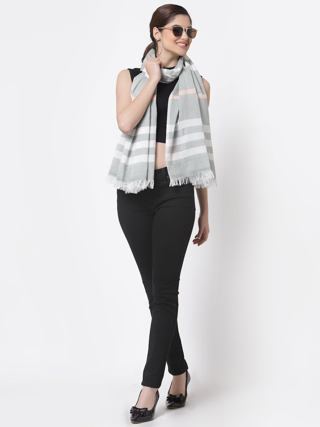 Arrabi Grey Stripes Handwoven Cotton Full Size Stole (185 x 85 cm)