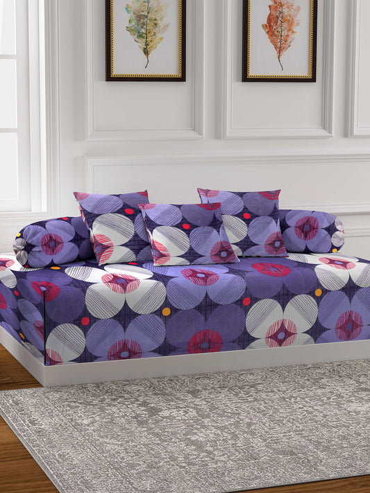 Arrabi Blue Set of 6 Floral TC Polycotton Diwan Set (225 x150 cm)