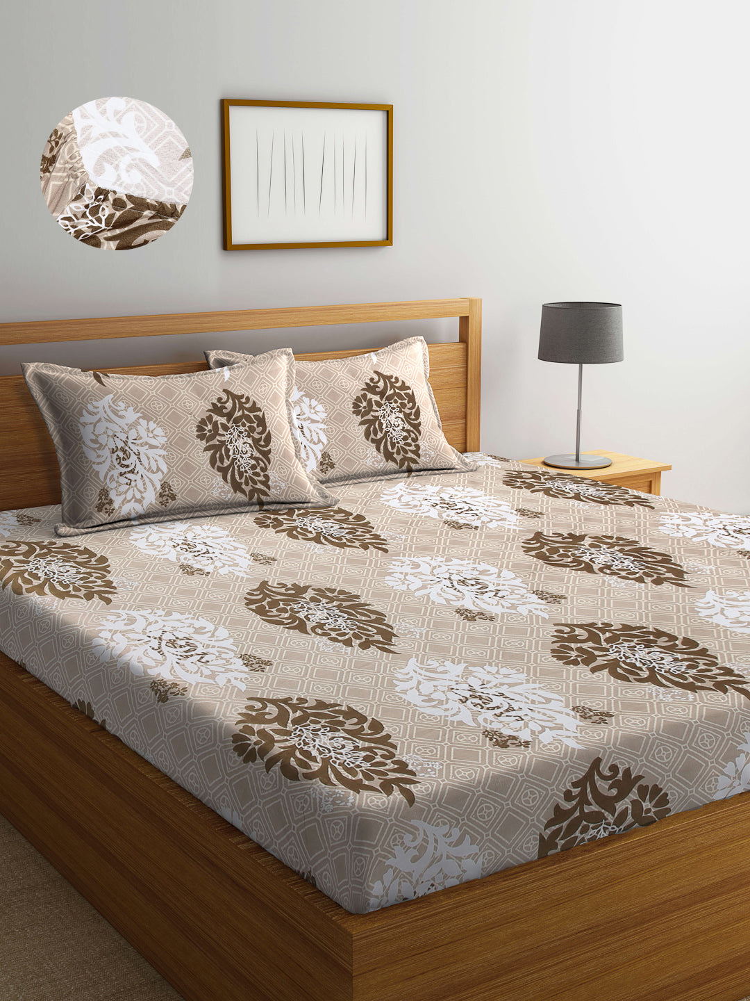 Arrabi Brown Indian TC Cotton Blend King Size Fitted Bedsheet with 2 Pillow Covers (250 X 215 Cm )