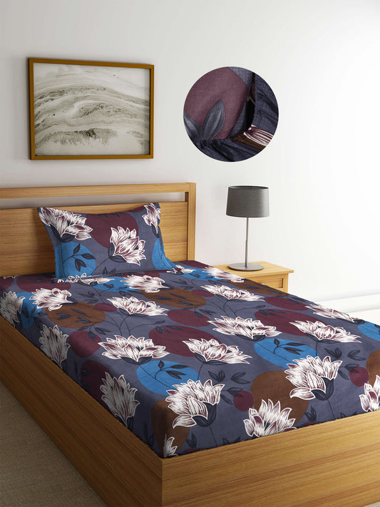 Arrabi Multi Floral TC Cotton Blend Single Size Fitted Bedsheet with 1 Pillow Cover (220 X 150 cm)