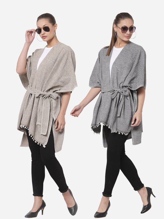 Arrabi Multi Solid Cotton Chenille Full Size 2 Shrug with Belt (Pack of 2) (160 x 100 cm)