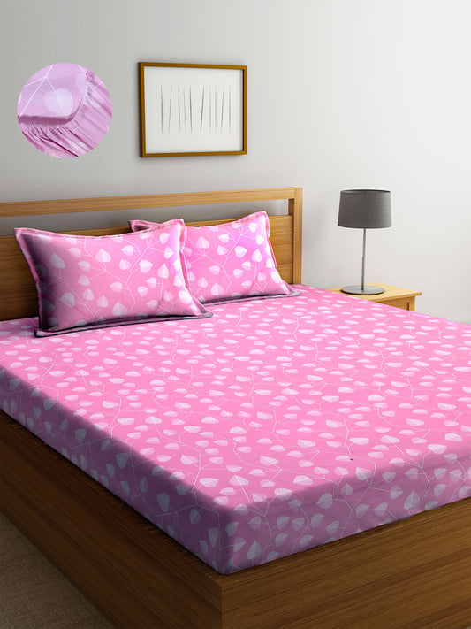 Arrabi Pink Leaf TC Cotton Blend Double Size Fitted Bedsheet with 2 Pillow Covers (250 X 220 cm)