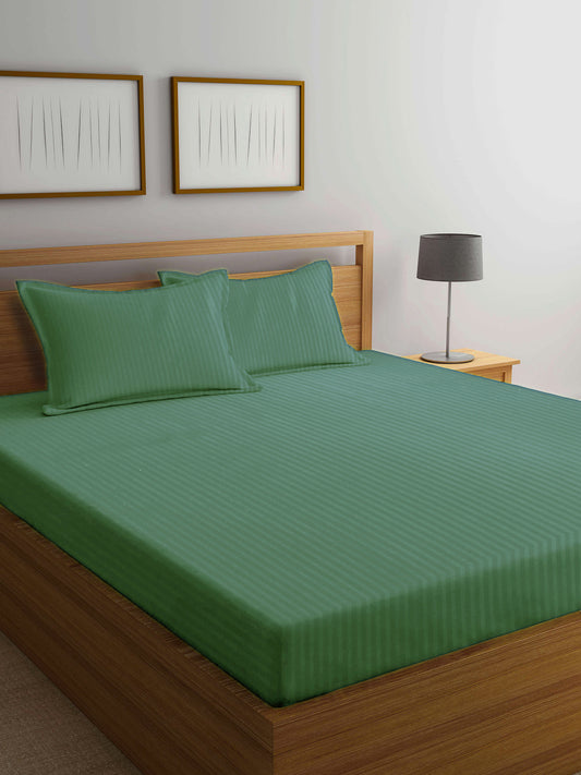 Arrabi Green Stripes TC Cotton Blend Super King Size Bedsheet with 2 Pillow Covers (270 X 260 cm)