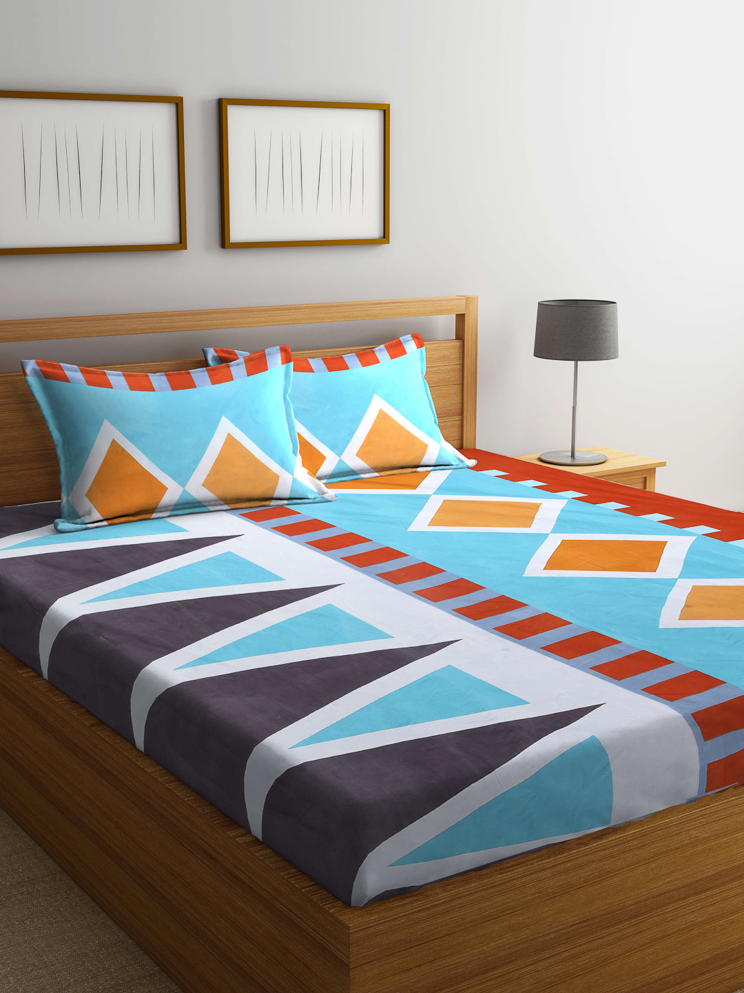 Arrabi Blue Geometric TC Cotton Blend Double Size Bedsheet with 2 Pillow Covers (250 x 215 cm)