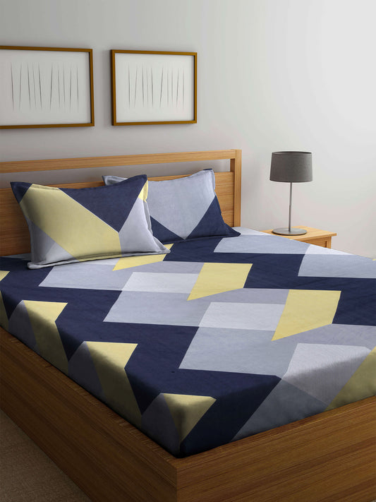 Arrabi Multi Geometric TC Cotton Blend Double Size Bedsheet with 2 Pillow Cover