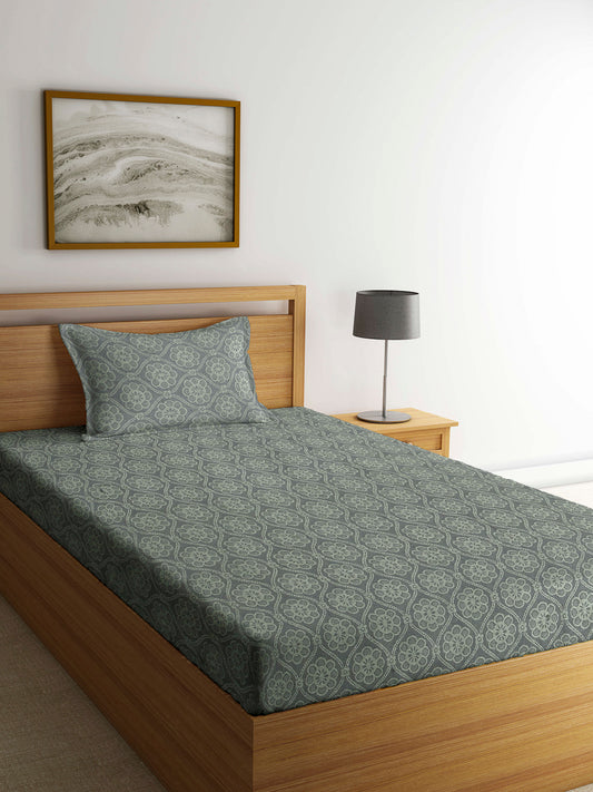 Arrabi Grey Floral Handwoven Cotton Single Size Bedsheet with 1 Pillow Cover (230 X 150 cm)