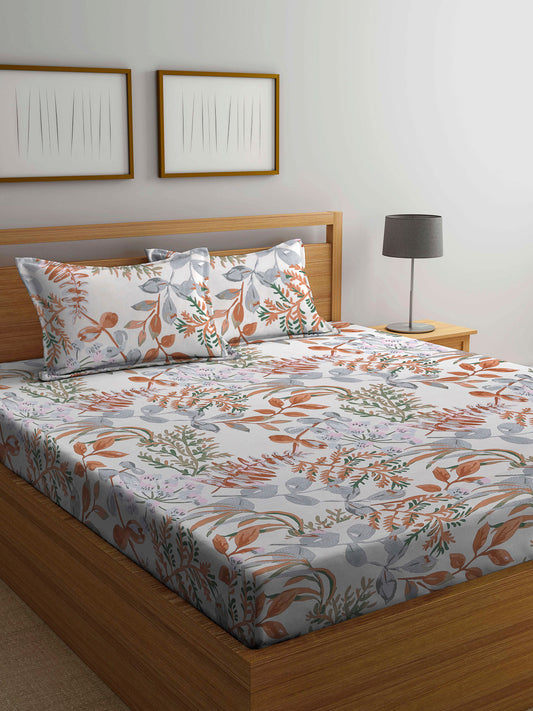 Arrabi Multi Leaf TC Cotton Blend Double Size Bedsheet with 2 Pillow Covers