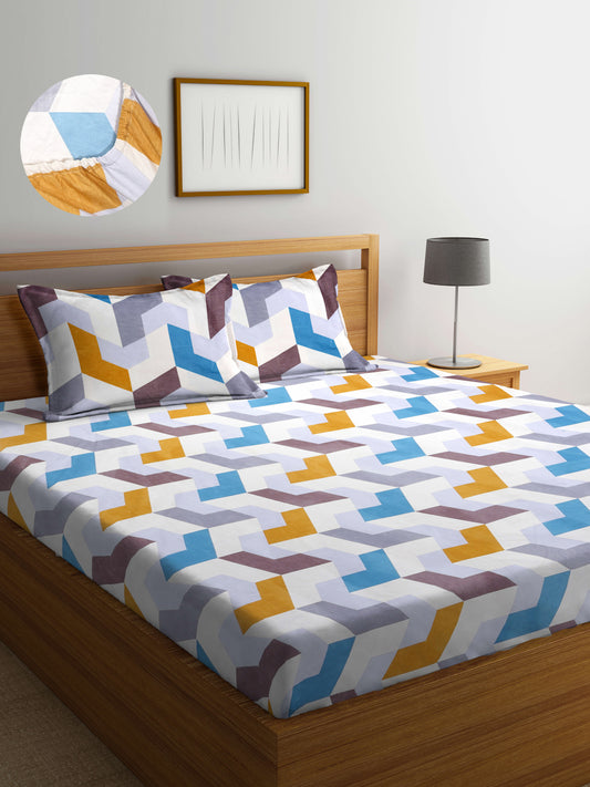 Arrabi Multi Geometric TC Cotton Blend Super King Size Fitted Bedsheet with 2 Pillow Covers(270 X 260 Cm )