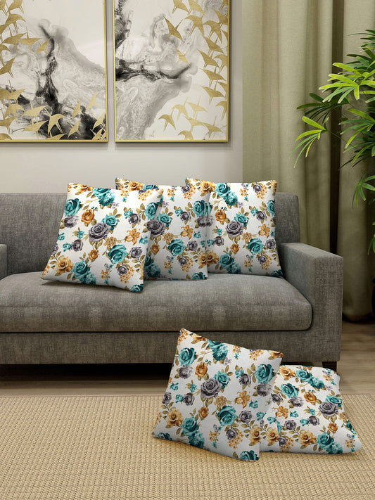 Arrabi Blue Floral TC Cotton Blend Cushion Covers (Pack of 5) (40 x 40 cm)