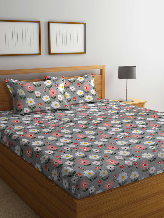 Arrabi Grey Floral TC Cotton Blend King Size Bedsheet with 2 Pillow Covers (250 X 215 cm)