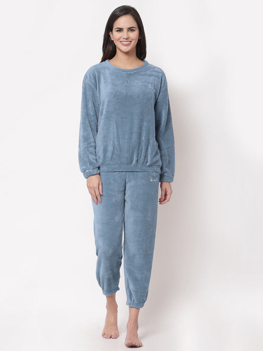 Arrabi Women SkyBlue Wool Blend Solid Winter Night Suit
