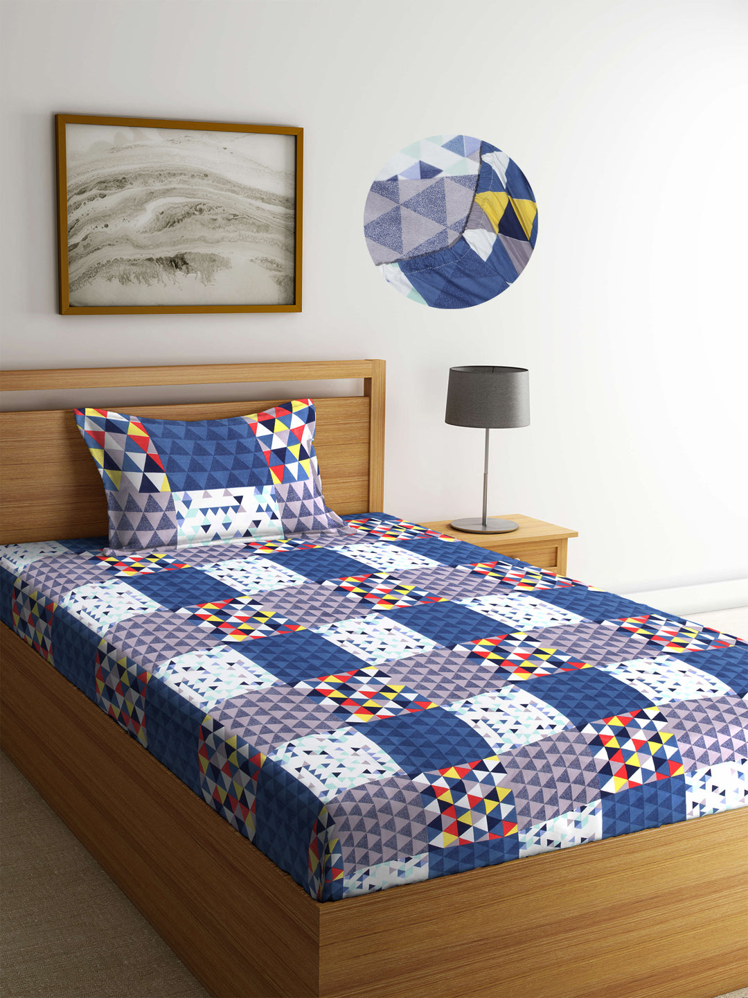 Arrabi Blue Geometric TC Cotton Blend Single Size Fitted Bedsheet with 1 Pillow Cover (220 X 150 cm)