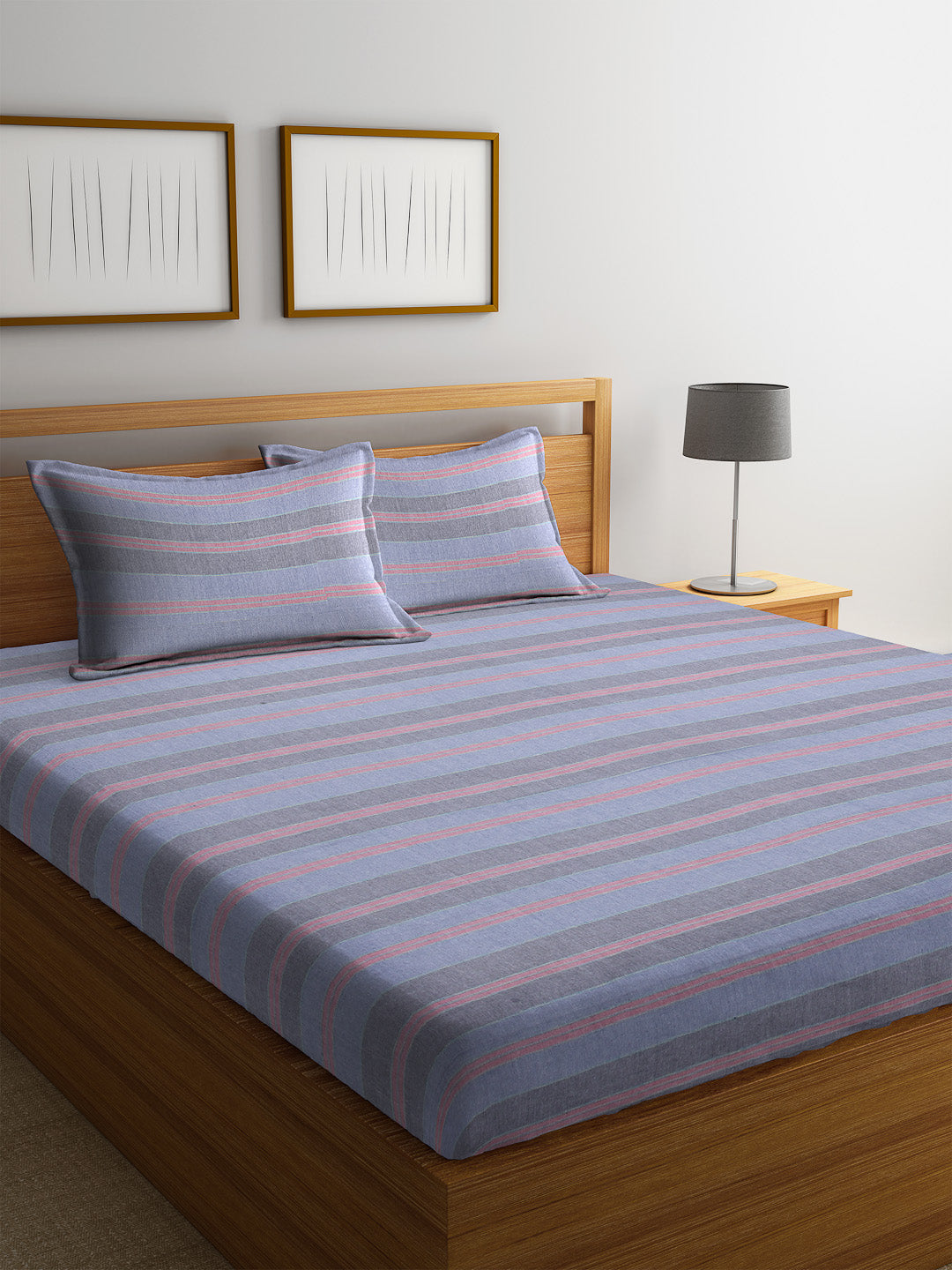 Arrabi Blue & Pink Striped Handwoven Cotton Double King Size Bedsheet with 2 Pillow Covers (260 x 260 cm)