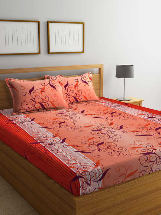Arrabi Orange Indian TC Cotton Blend King Size Bedsheet with 2 Pillow Covers (250 X 220 cm)