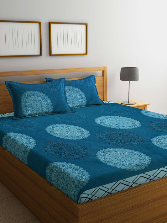 Arrabi Blue Indian TC Cotton Blend King Size Bedsheet with 2 Pillow Covers (250 X 220 cm)