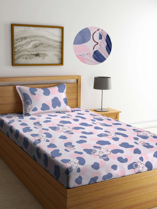 Arrabi Pink Floral TC Cotton Blend Single Size Fitted Bedsheet with 1 Pillow Cover (220 X 150 cm)