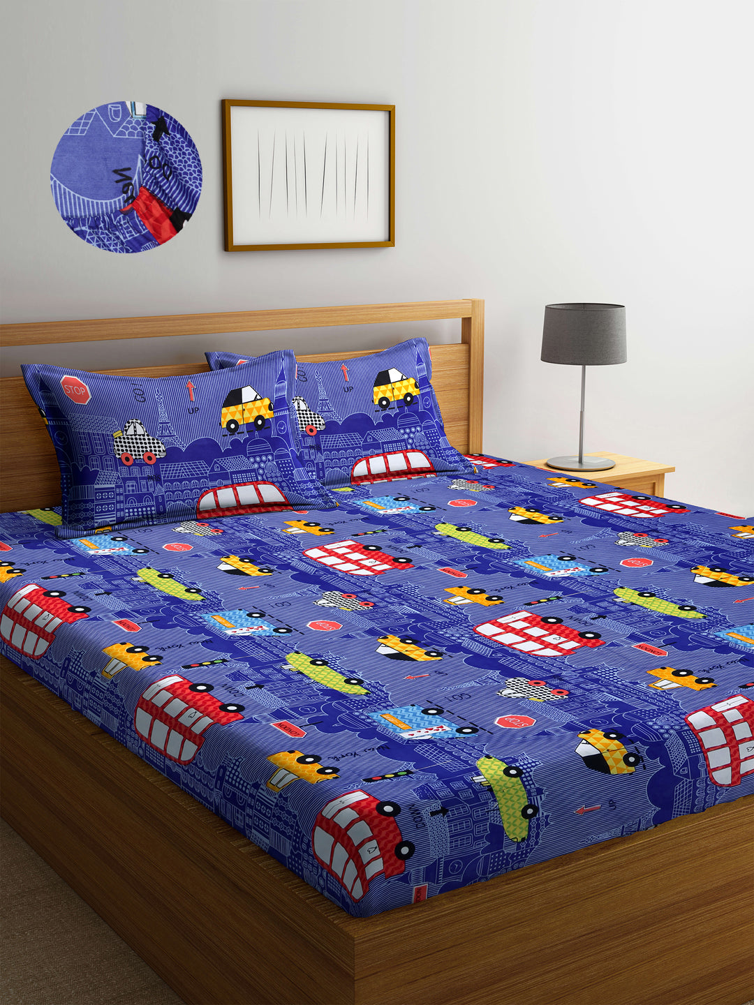 Arrabi Blue Cartoon TC Cotton Blend King Size Fitted Bedsheet with 2 Pillow Covers (250 X 220 Cm )