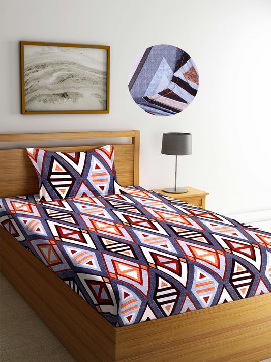 Arrabi Multi Geometric TC Cotton Blend Single Size Fitted Bedsheet with 1 Pillow Cover (220 X 150 cm)