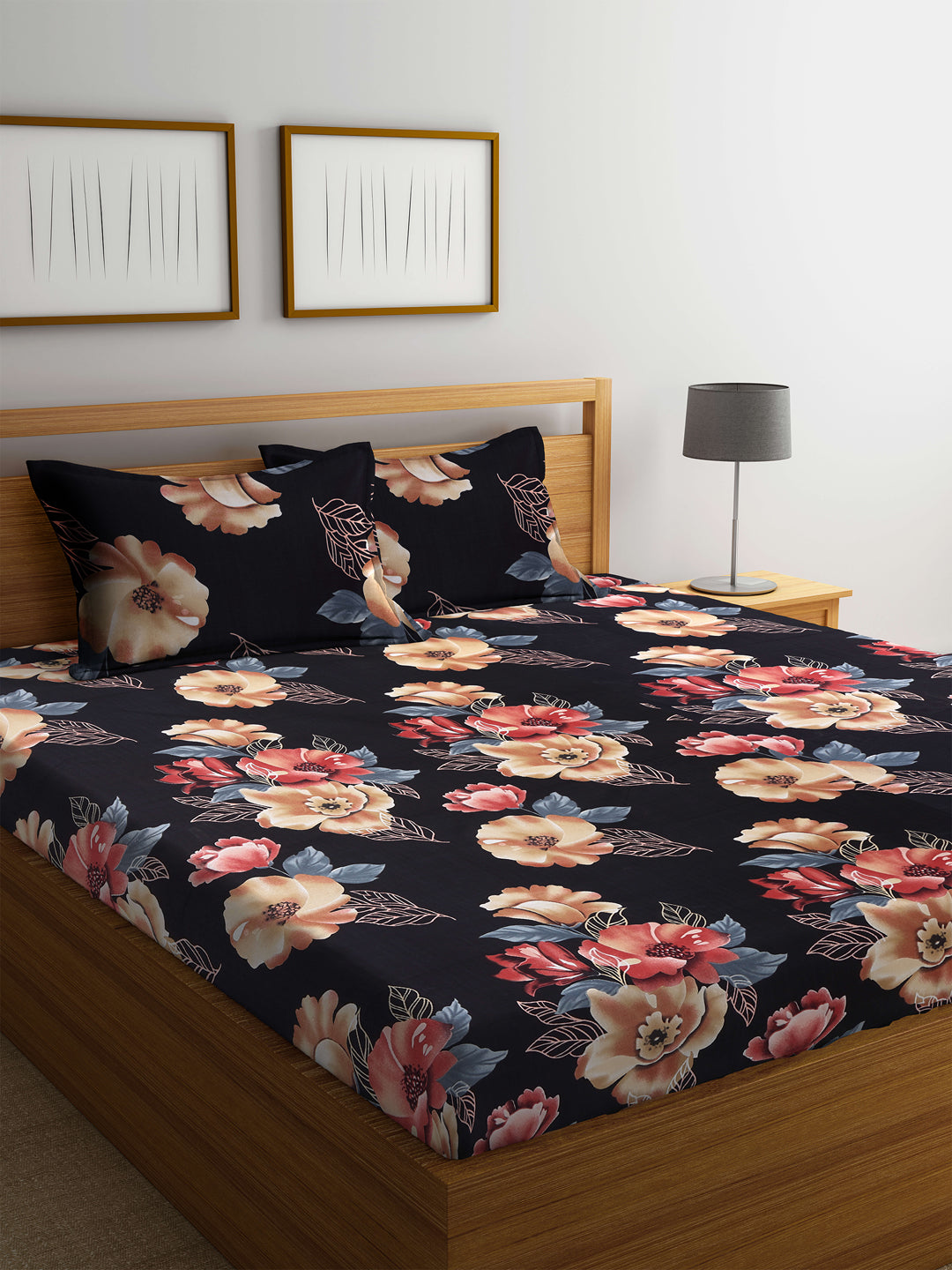 Arrabi Black Floral TC Polycotton Double Size Bedsheet with 2 Pillow Cover (255 x 225 cm)