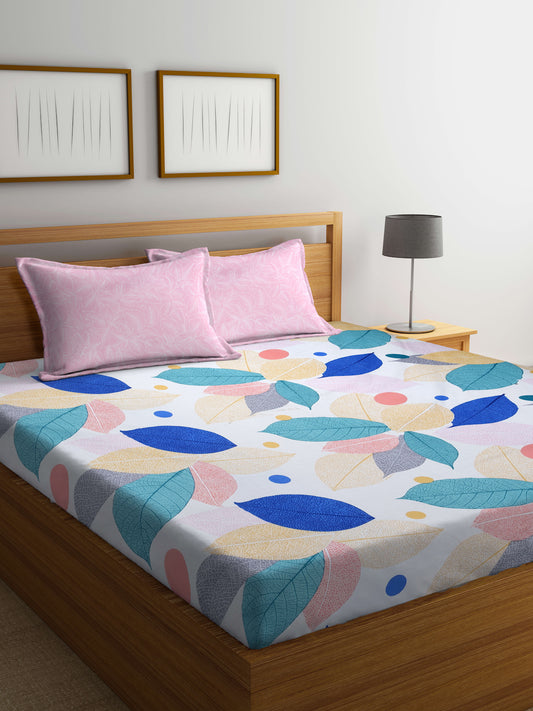 Arrabi Pink Leaf TC Cotton Blend Super King Size Bedsheet with 2 Pillow Covers (270 X 260 cm)