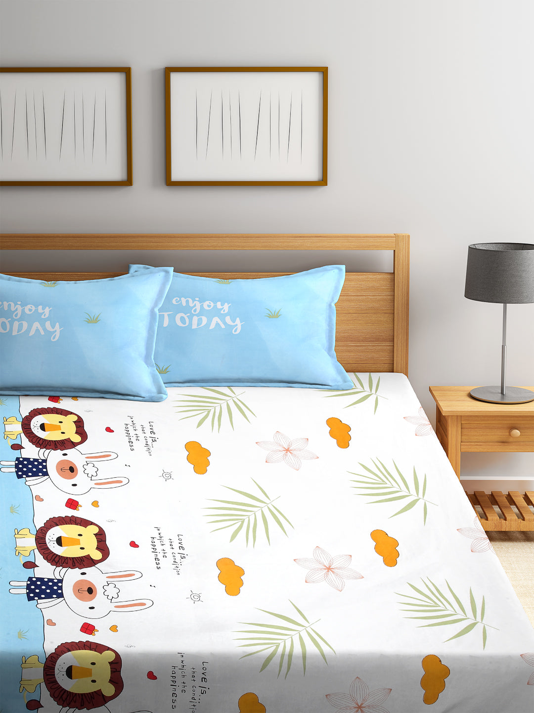 Arrabi Multi Cartoon TC Cotton Blend Double Size Fitted Bedsheet with 2 Pillow Covers (250 X 220 cm)