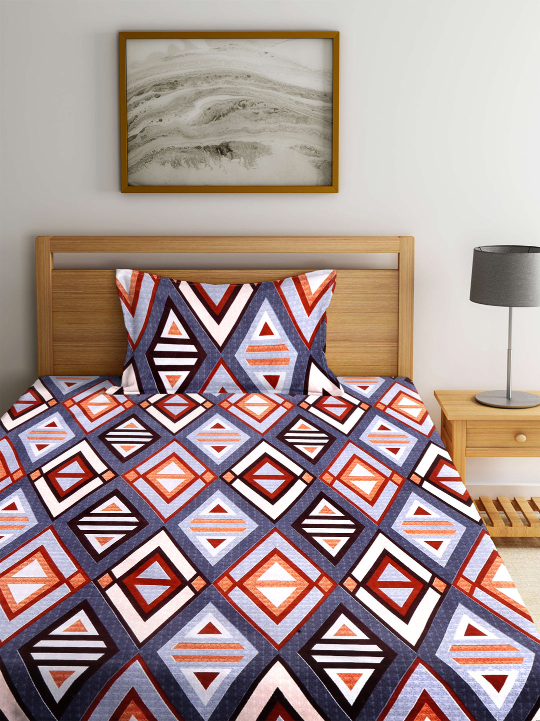 Arrabi Multi Geometric TC Cotton Blend Single Size Fitted Bedsheet with 1 Pillow Cover (220 X 150 cm)