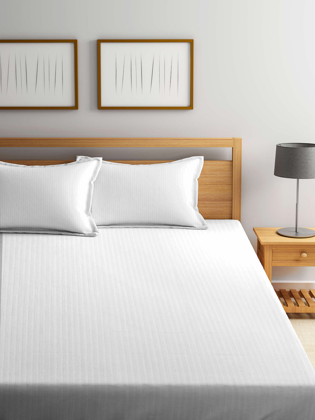 Arrabi White Stripes TC Cotton Blend Double Size Bedsheet with 2 Pillow Covers (250 x 220 cm)