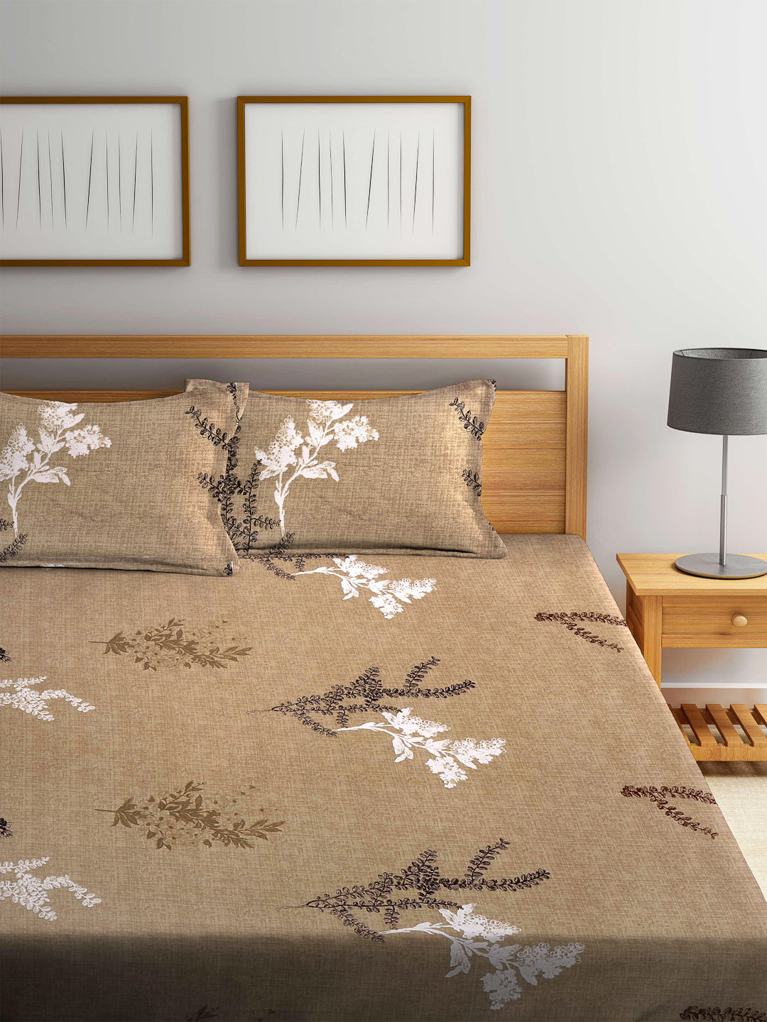 Arrabi Brown Floral TC Cotton Blend King Size Fitted Bedsheet with 2 Pillow Covers (250 X 220 cm)
