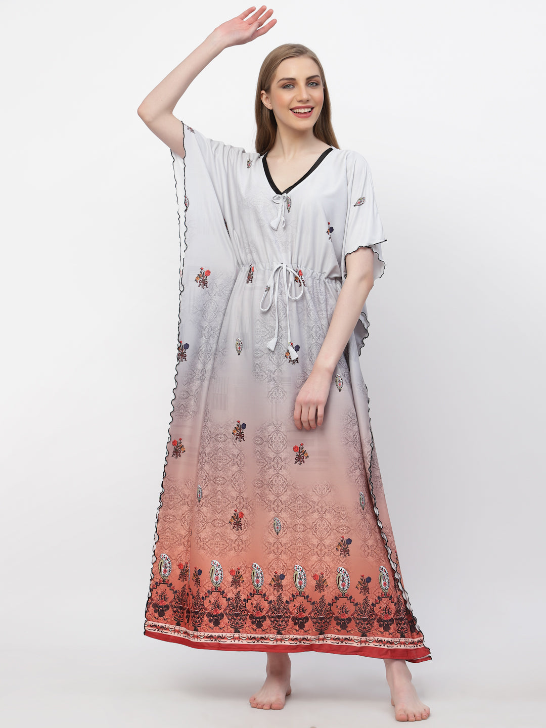 Arrabi Women Grey Floral Kaftan Dress