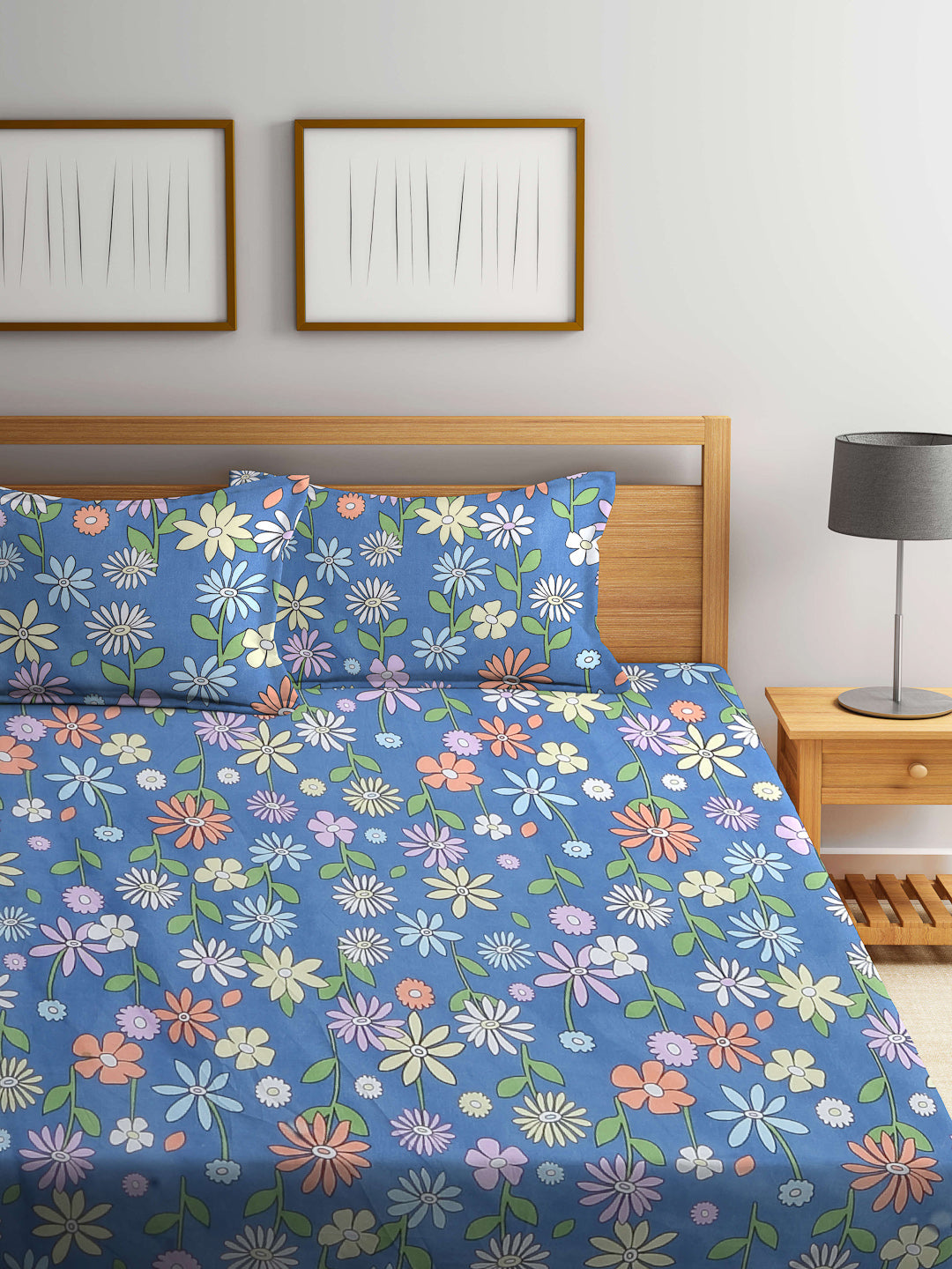 Arrabi Blue Floral TC Cotton Blend Double King Size Bedsheet with 2 Pillow Covers (270 x 260 cm)