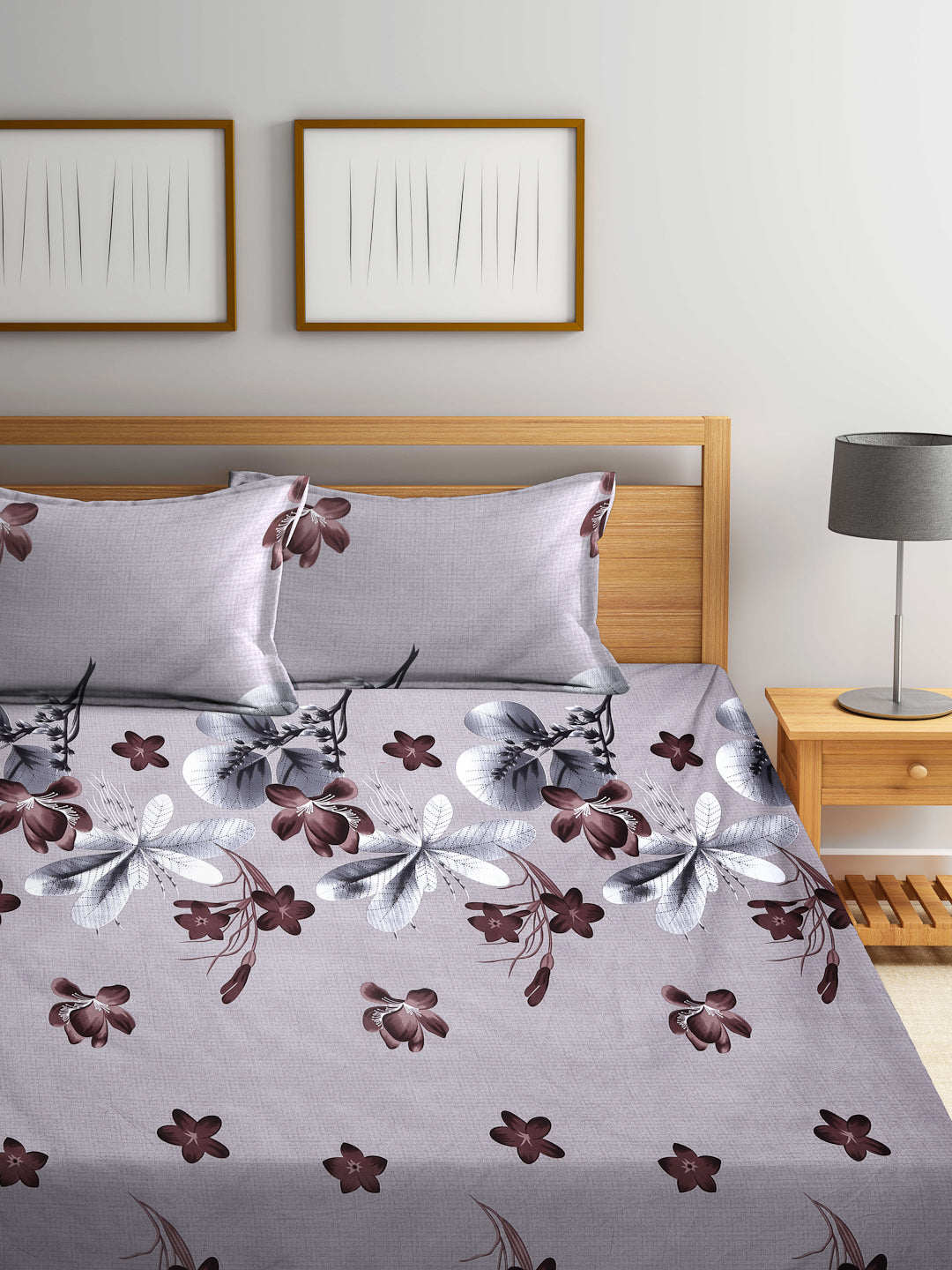 Arrabi Brown Floral TC Cotton Blend King Size Bedsheet with 2 Pillow Covers (250 X 220 cm)