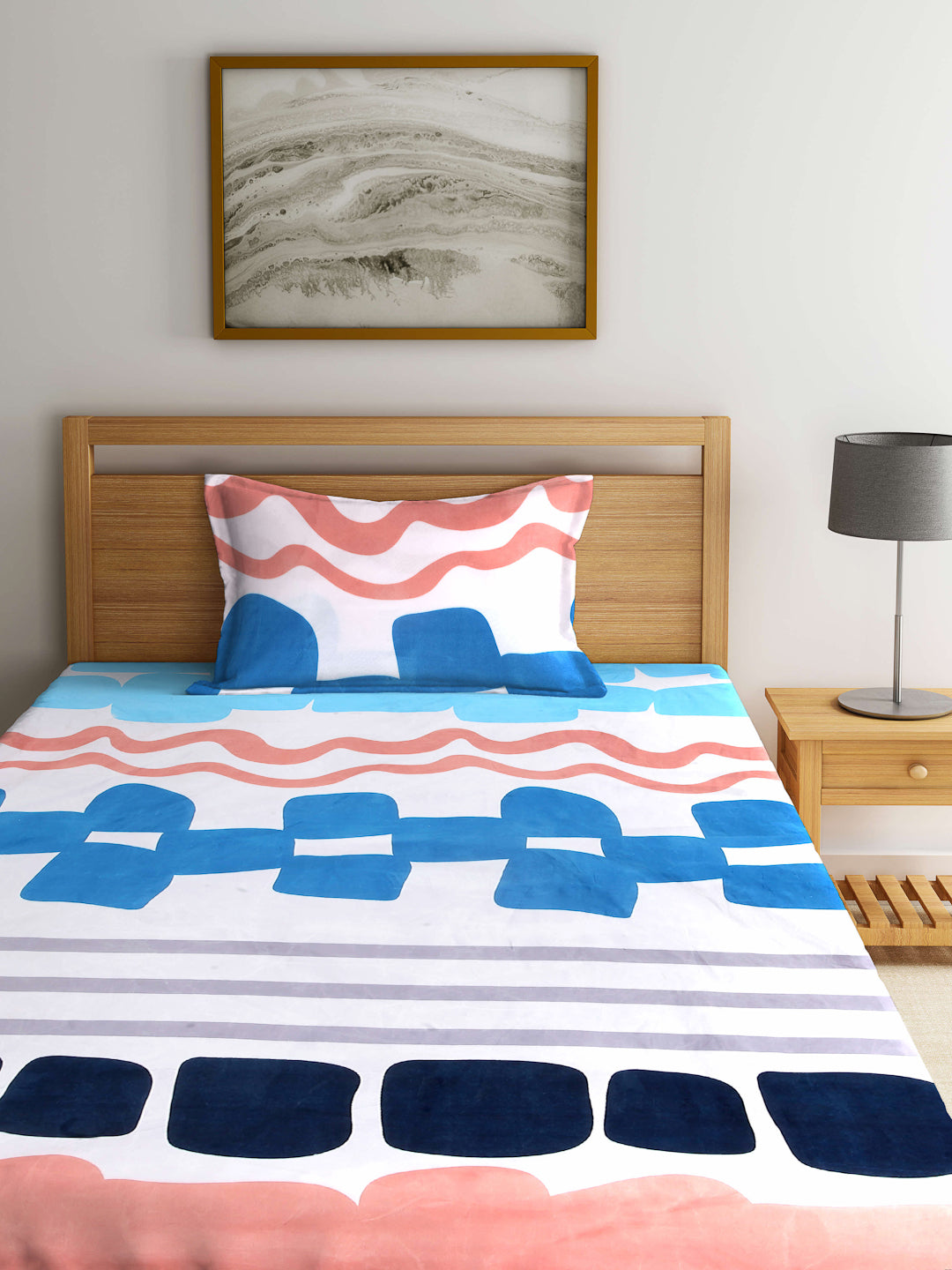 Arrabi Multi Abstract TC Cotton Blend Single Size Fitted Bedsheet with 1 Pillow Cover (220 X 150 cm)